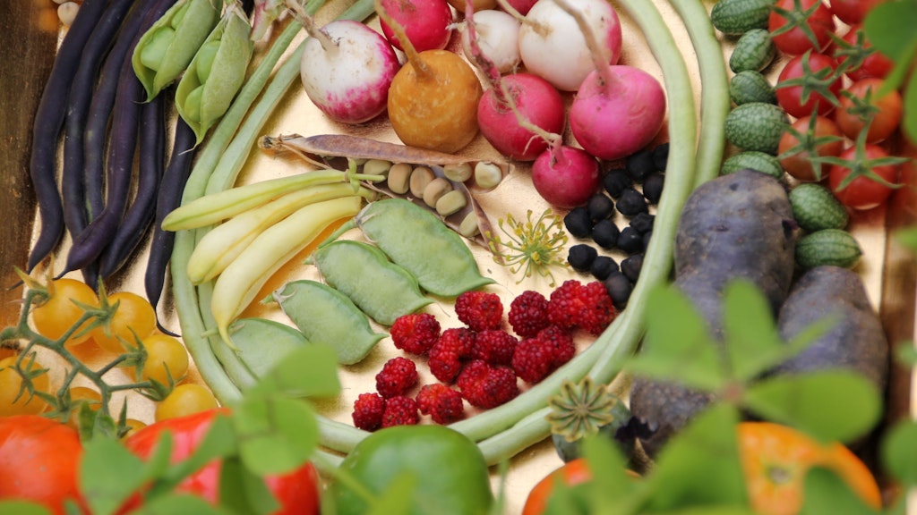 Plusieurs légumes sont arrangés de sorte à former une belle œuvre d’art. 