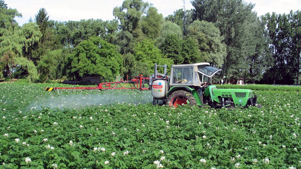 Un agriculteur effectue une pulvérisation contre le phytophthora de la pomme de terre