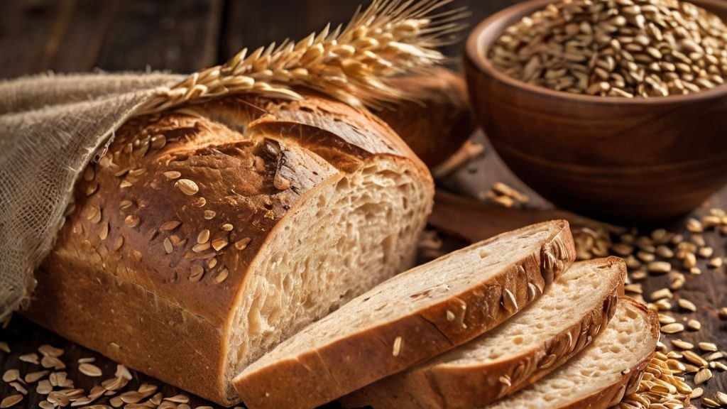 Pain coupé sur une planche en bois avec des grains de céréales