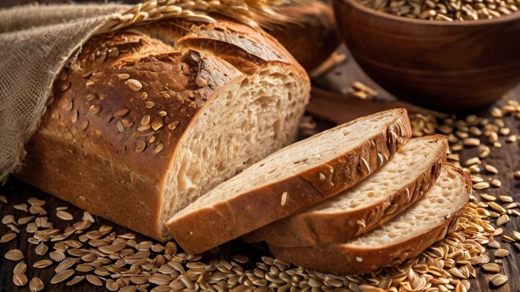 Aufgeschnittenes Brot liegt auf einem Holztisch umgeben von Getreidekörnern