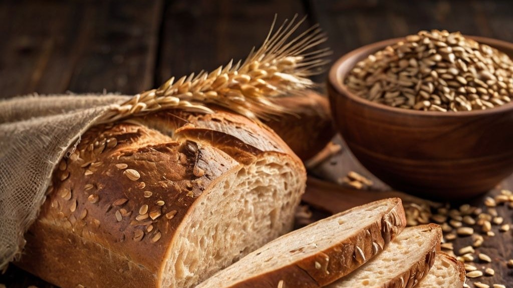 Aufgeschnittenes Brot liegt auf einem Holztisch umgeben von Getreidekörnern