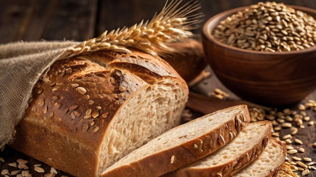 Fette di pane su un tavolo di legno con cereali in grani