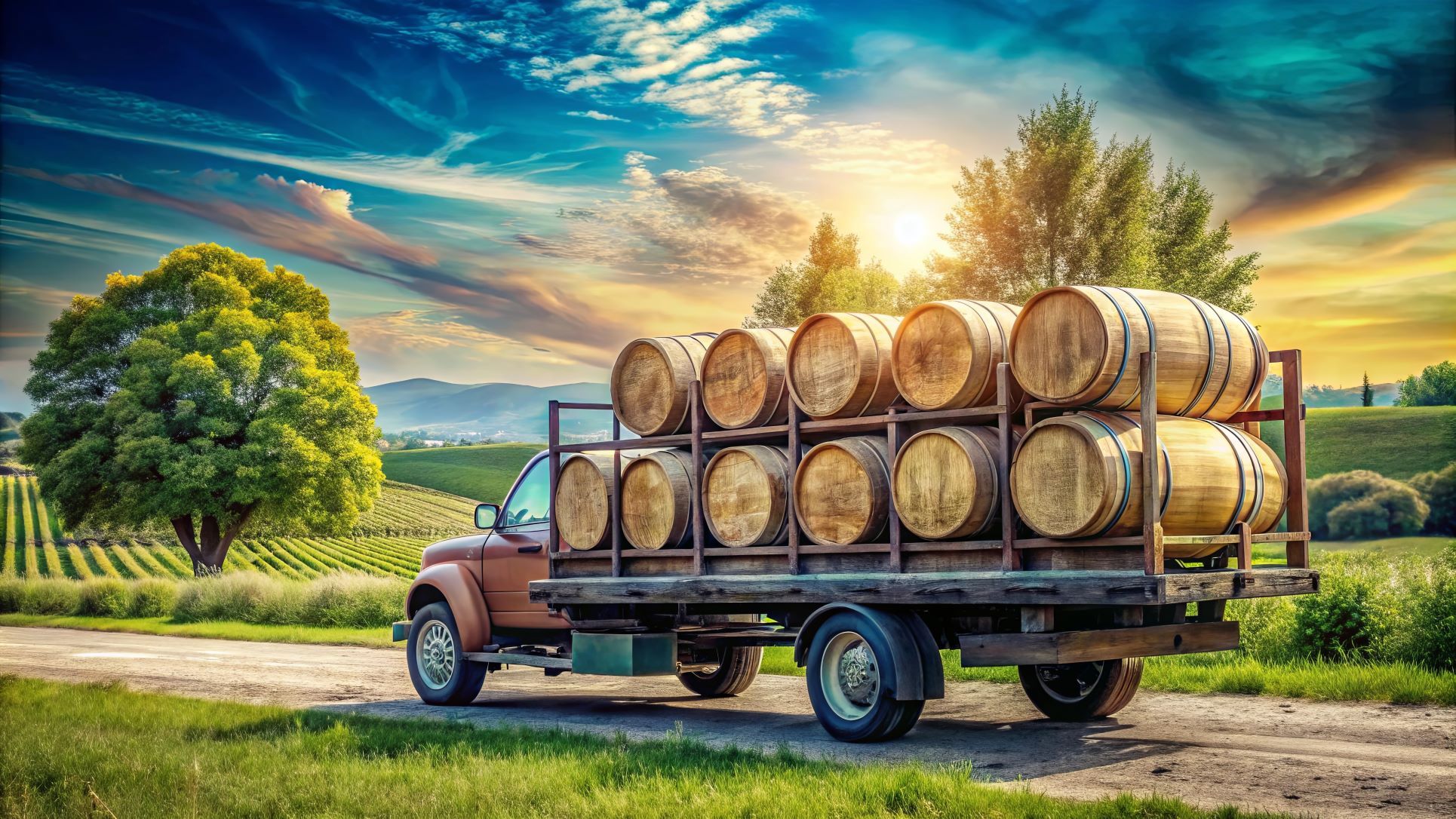 Camion transportant des barriques sur une route naturelle. Grand arbre et paysage de vignes en arrière-plan.