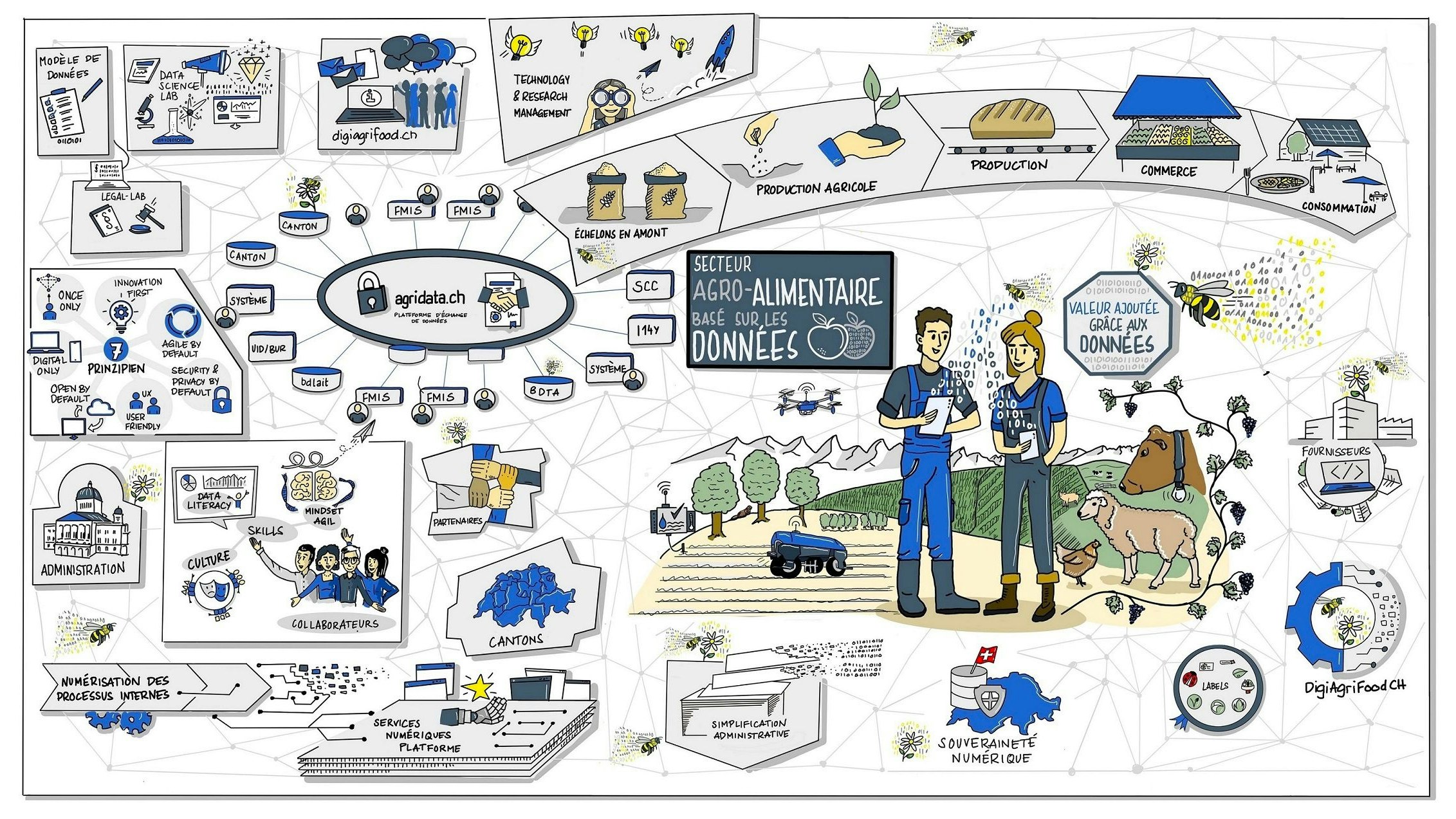 Le secteur agroalimentaire basé sur les données, avec toutes les instances participantes et l'homme au centre. Il doit y avoir un espace de données pour le secteur agroalimentaire suisse, dans lequel l'interopérabilité et le principe « once-only » sont mis en œuvre.
