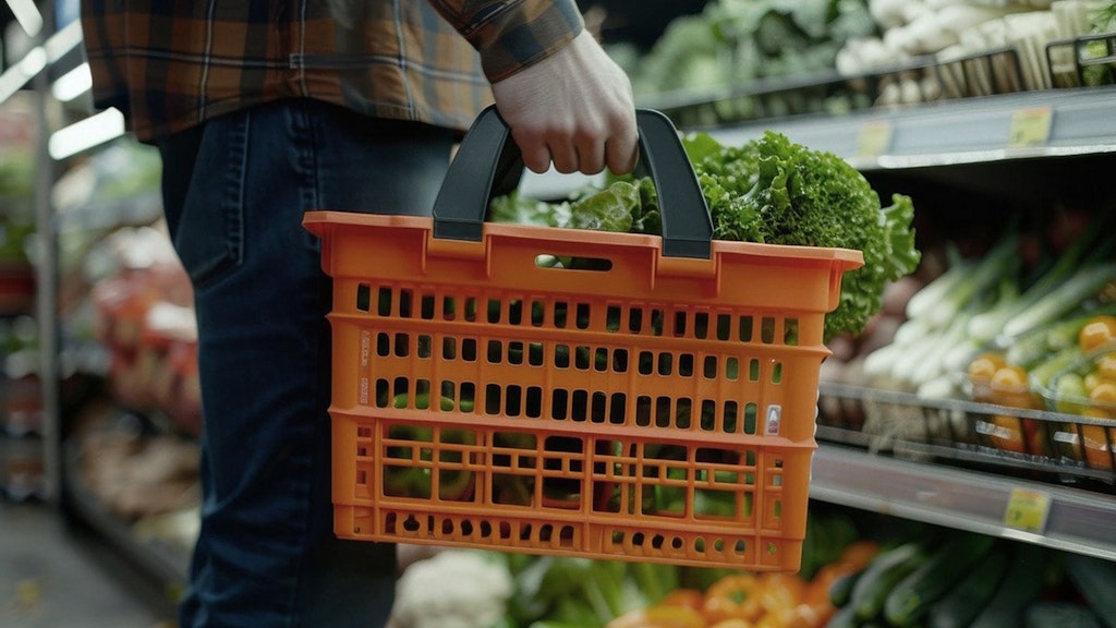 Eine Person steht vor einem Regal im Supermarkt und hält einen Einkaufskorb mit Salat