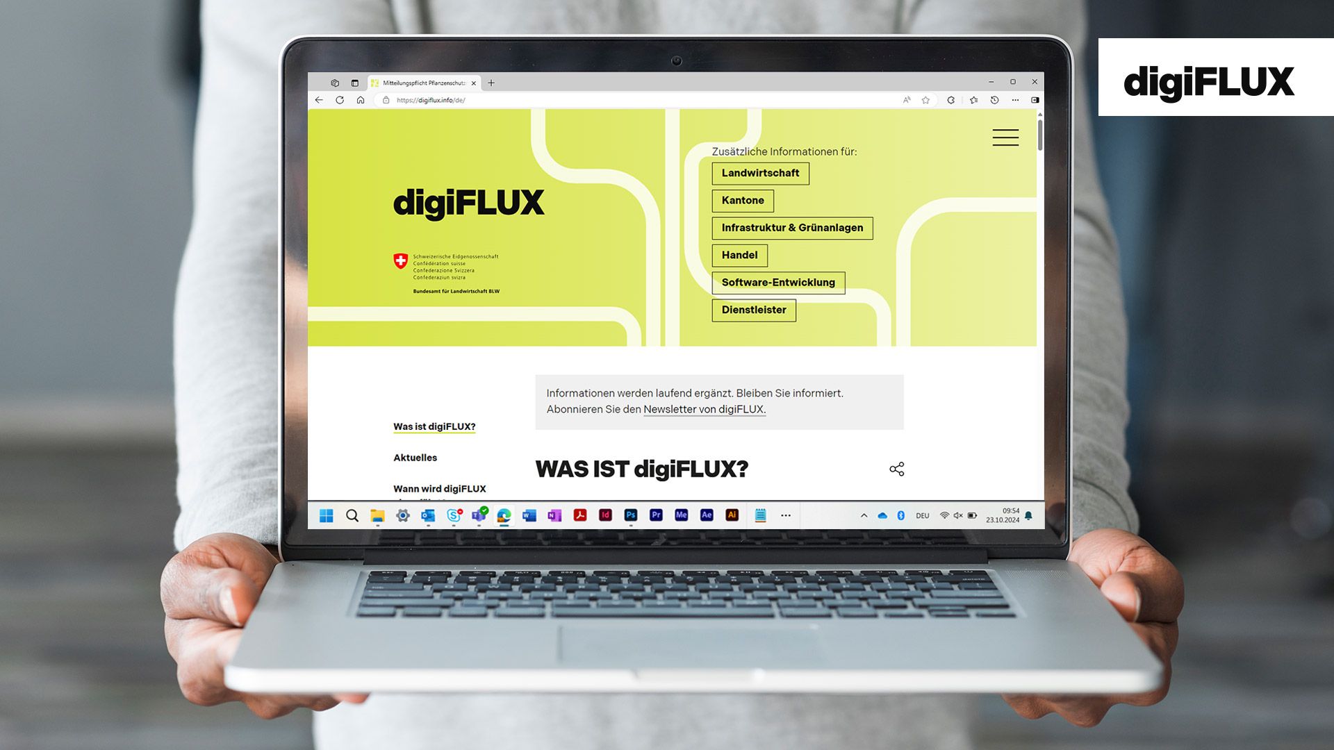 Ein Screenshot der Webseite digifflux.info wird auf einem Laptop angezeigt.