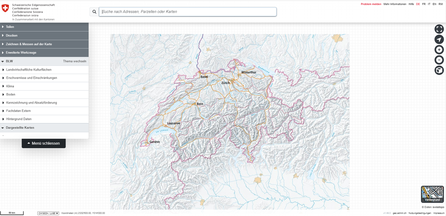 Bild des Web-Gis auf der Seite der Swisstopo