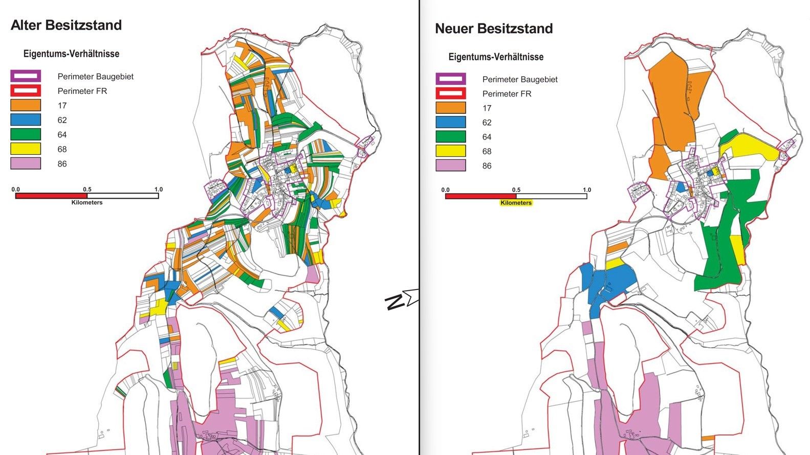 Parzellen im Alten und Neuen Bestand werden farblich dargestellt und verglichen. 