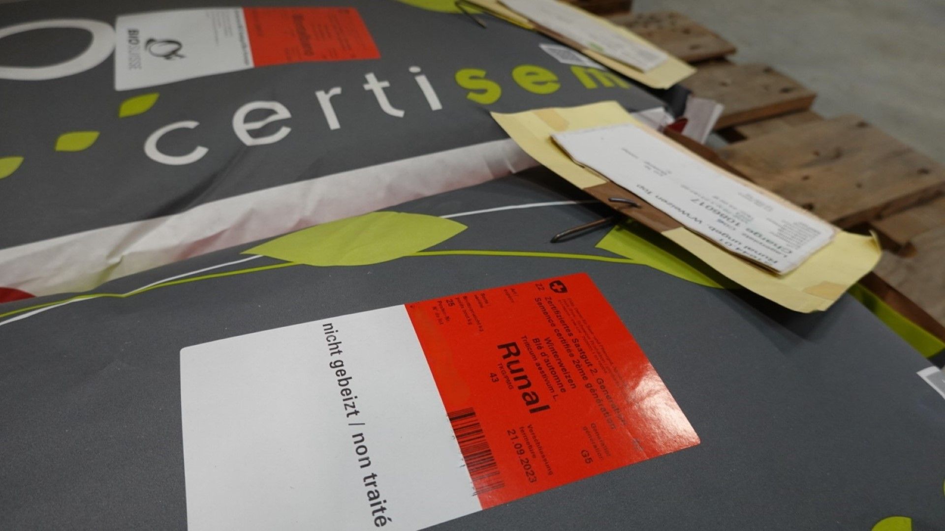 Zertifiziertes Winterweizensaatgut der Sorte Runal säckeweise gelagert und mit einer amtlichen Etikette gekennzeichnet.