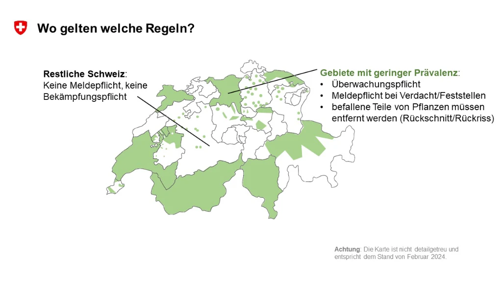 Karte Gebiete mit geringer Prävalenz für Feuerbrand 