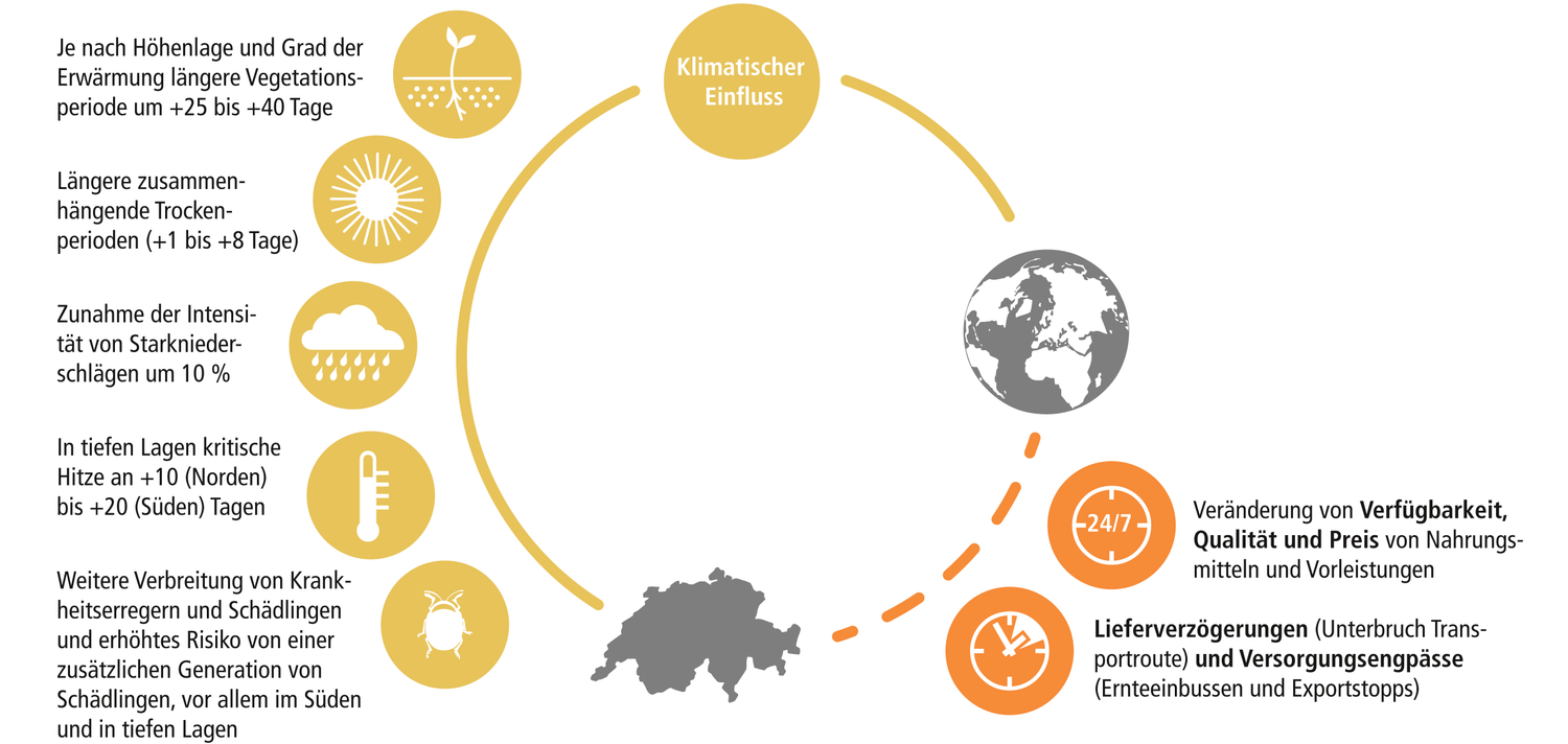 Das Schema zeigt eine Kreislinie mit einem Kreis in dem «Klimatischer Einfluss» steht auf zwölf Uhr, einer Erde auf drei Uhr und der Schweiz auf sechs Uhr. Entlang der Kreislinie befinden sich fünf Symbole auf der linken Seite, welche den direkten klimatischen Einfluss auf die Schweiz darstellen. Zwei Symbole befinden sich unten rechts und stehen für die indirekten Auswirkungen von der Erde auf die Schweiz. Die Symbole sind beschriftet. Das oberste Symbol auf der linken Seite zeigt einen Setzling, daneben steht: Je nach Höhenlage und Grad der Erwärmung längere Vegetationsperiode um +25 bis +40 Tage». Das Symbol darunter zeigt eine Sonne. Dazu steht: «Längere zusammenhängende Trockenperioden (+1 bis +8 Tage)». Neben dem nächsten Symbol, einer Wolke mit Regentropfen, steht: «Zunahme der Intensität von Starkniederschlägen um 10 %». Das nächste Symbol ist ein Thermometer. Dazu ist geschrieben: «In tiefen Lagen kritische Hitze an +10 (Norden) bis +20 (Süden) Tagen». Im untersten Symbol ist ein Käfer abgebildet. Der Text dazu: «Weitere Verbreitung von Krankheitserregern und Schädlingen und erhöhtes Risiko einer zusätzlichen Generation von Schädlingen, vor allem im Süden und in tiefen Lagen». Das obere Symbol auf der rechten Seite zeigt eine Kreislinie mit «24/7». Dazu der Text: «Veränderung von Verfügbarkeit, Qualität und Preis von Nahrungsmitteln und Vorleistungen». Das untere Symbol stellt eine Uhr dar und daneben heisst es: «Lieferverzögerungen (Unterbruch Transportroute) und Versorgungsengpässe (Ernteeinbussen und Exportstopps)».