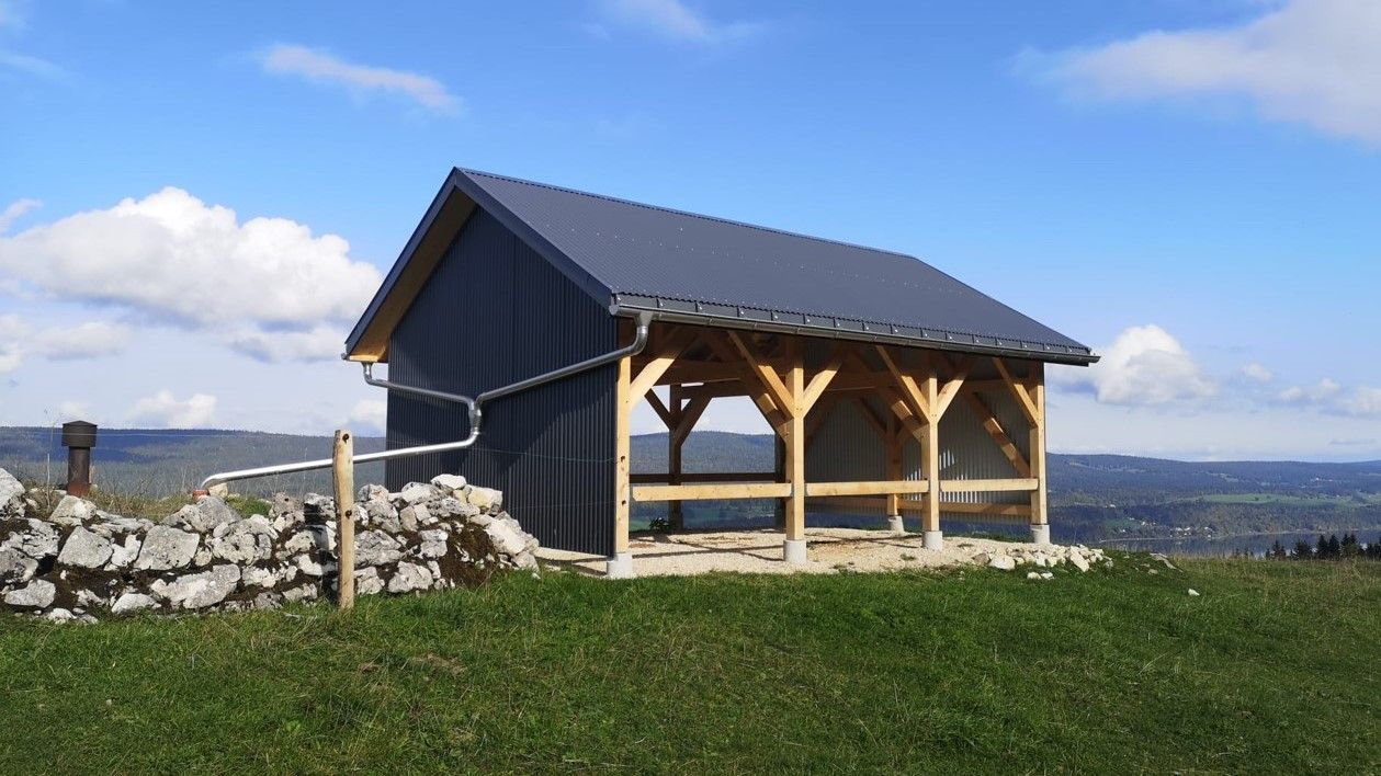 Viehunterstand aus Holz mit Dachwassersammelsystem auf einer Weide.