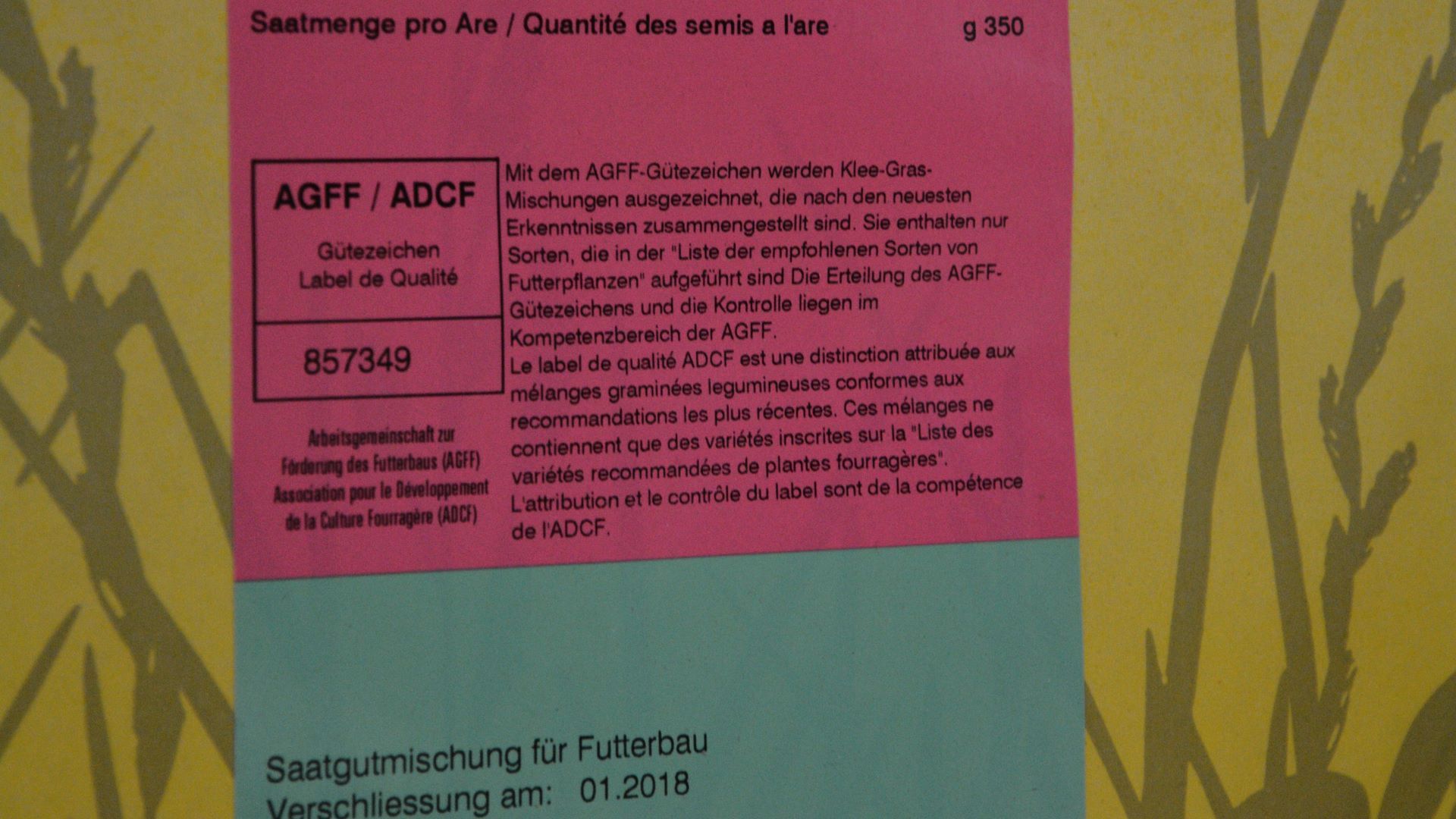 Seed label of a fodder plant seed mixture.