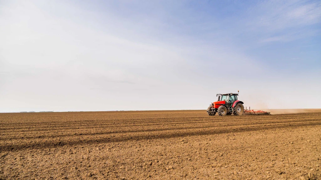 A farmer is ploughing a field with a tractor on a sunny day. 