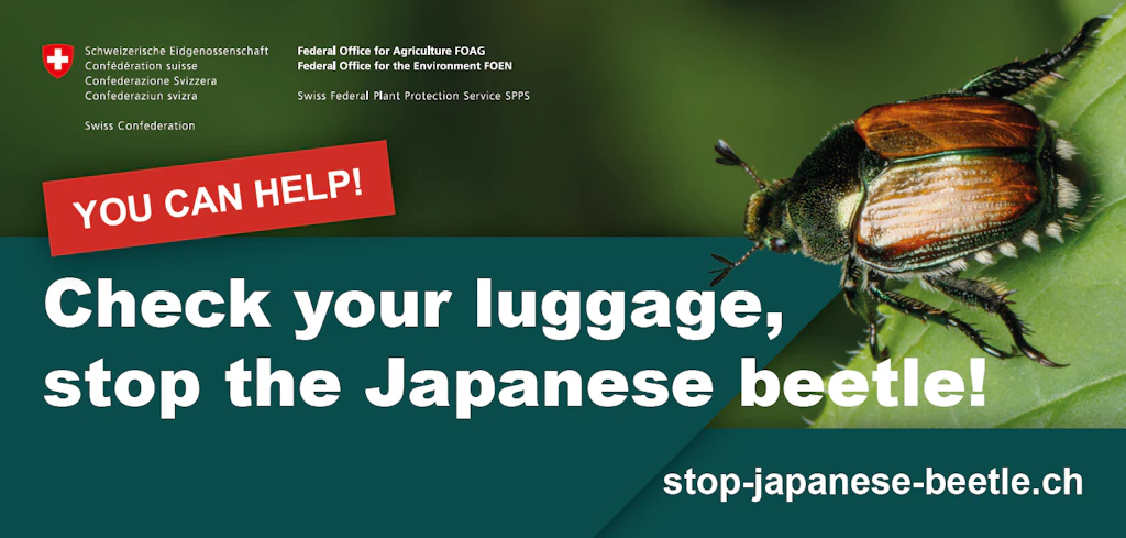 Campaign visual from the FOAG featuring a close-up of a Japanese beetle on a green leaf, with the slogan: ‘Check your bags, stop the Japanese beetle!’ and a red banner saying, ‘Do your bit!’