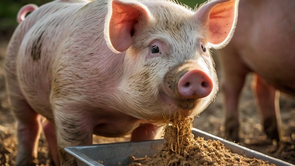 Des porcs mangent à l’extérieur dans une auge 