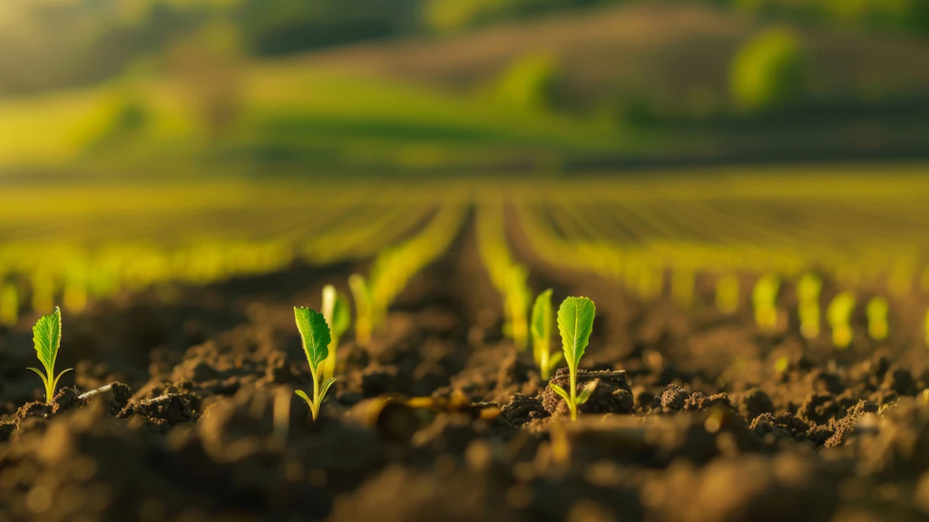 De petites pousses apparaissent dans un champ agricole. En arrière-plan, le reste du champ, flou.