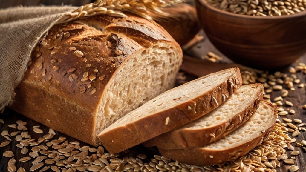 Pain coupé sur une planche en bois avec des grains de céréales