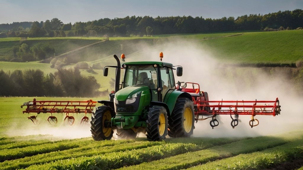 Un tracteur épand des produits phytosanitaires à l’aide d’une rampe d’épandage