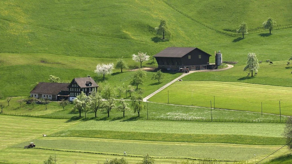 Deux fermes se trouvent au milieu de champs vallonnés par une journée ensoleillée.