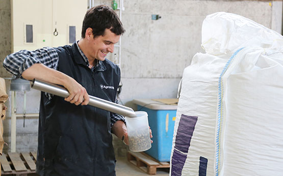 Le contrôleur d'aliments pour animaux d'Agroscope prélève dans un sac un échantillon d'aliments.