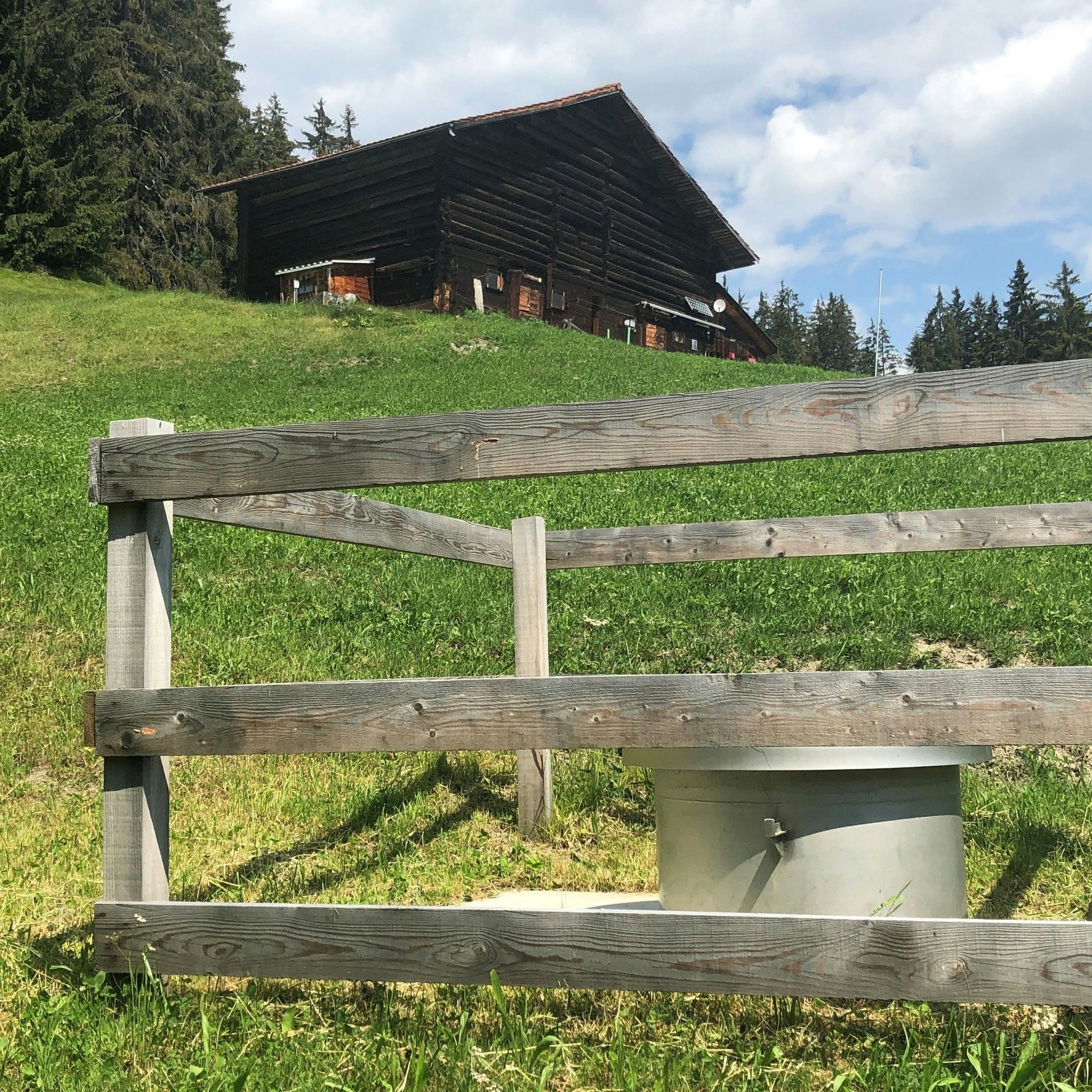Dôme clôturé d’un captage d’eau potable dans un pâturage avec un bâtiment d’alpage en arrière-plan.