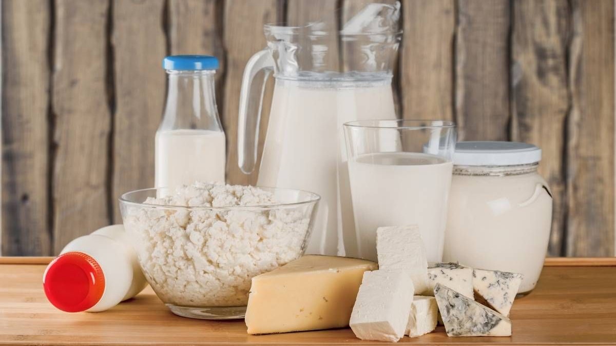 Différents produits laitiers sur une table.