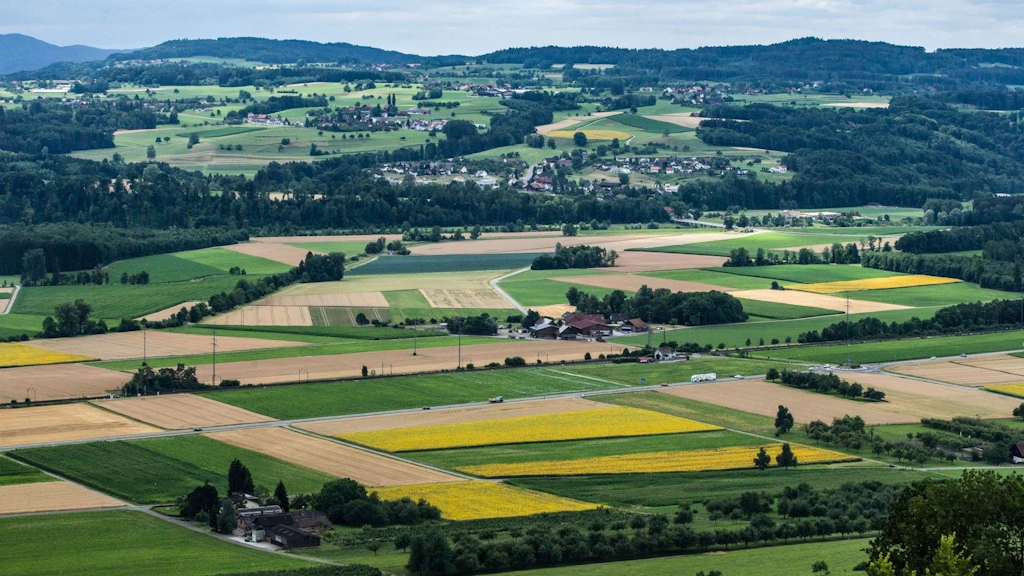 Paysage avec des fermes, des champs de colza et des forêts dans le canton de Thurgovie.