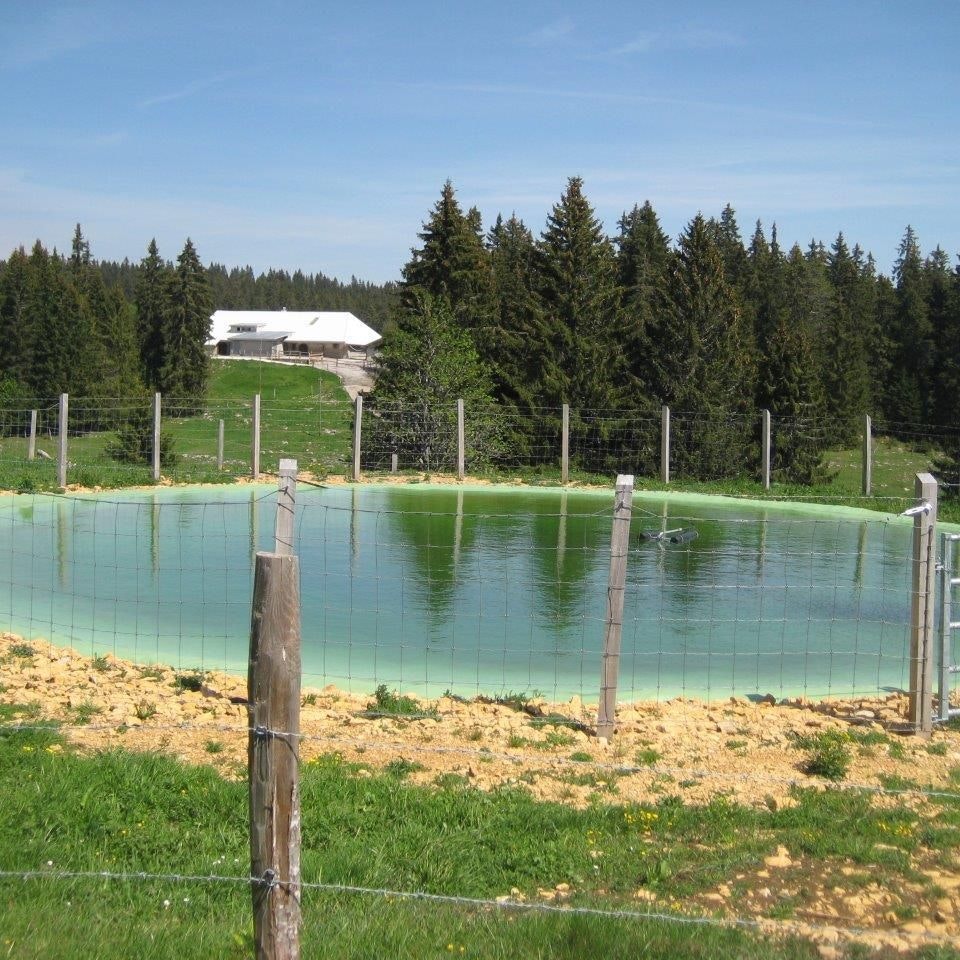 Bassin de stockage en surface recouvert d’un film plastique vert et entouré d’une clôture.