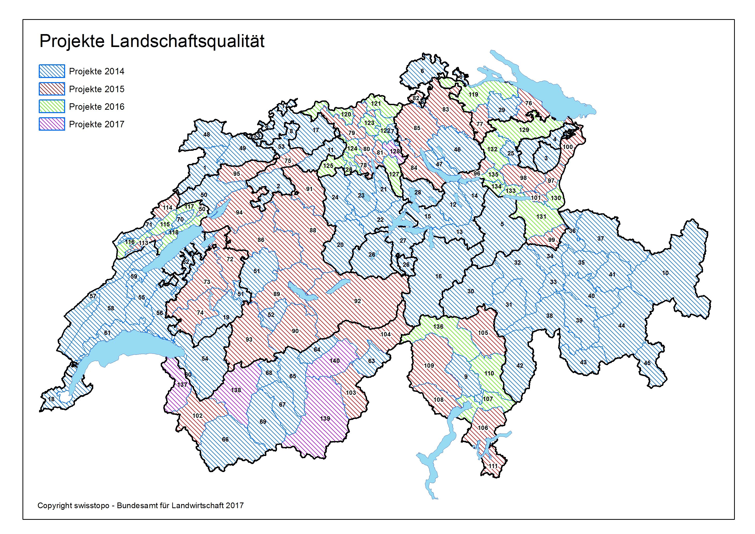 La carte montre les périmètres des projets LQ dont la mise en œuvre a débuté en 2014, 2015, 2016 et 2017.