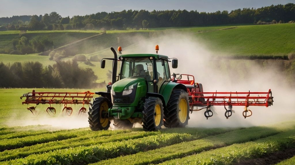 Trattore con barre irroratrici mentre effettua il trattamento con prodotti fitosanitari