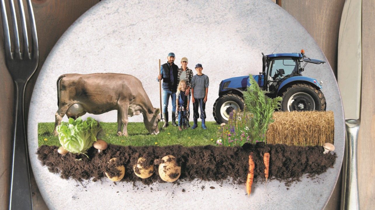 Strategia a lungo termine: Nell'immagine si vede un piatto sul quale, accanto a una vacca da latte, una famiglia contadina e un trattore, sono raffigurate diverse colture agricole: lattuga, funghi, patate, carote, cereali e fiori.