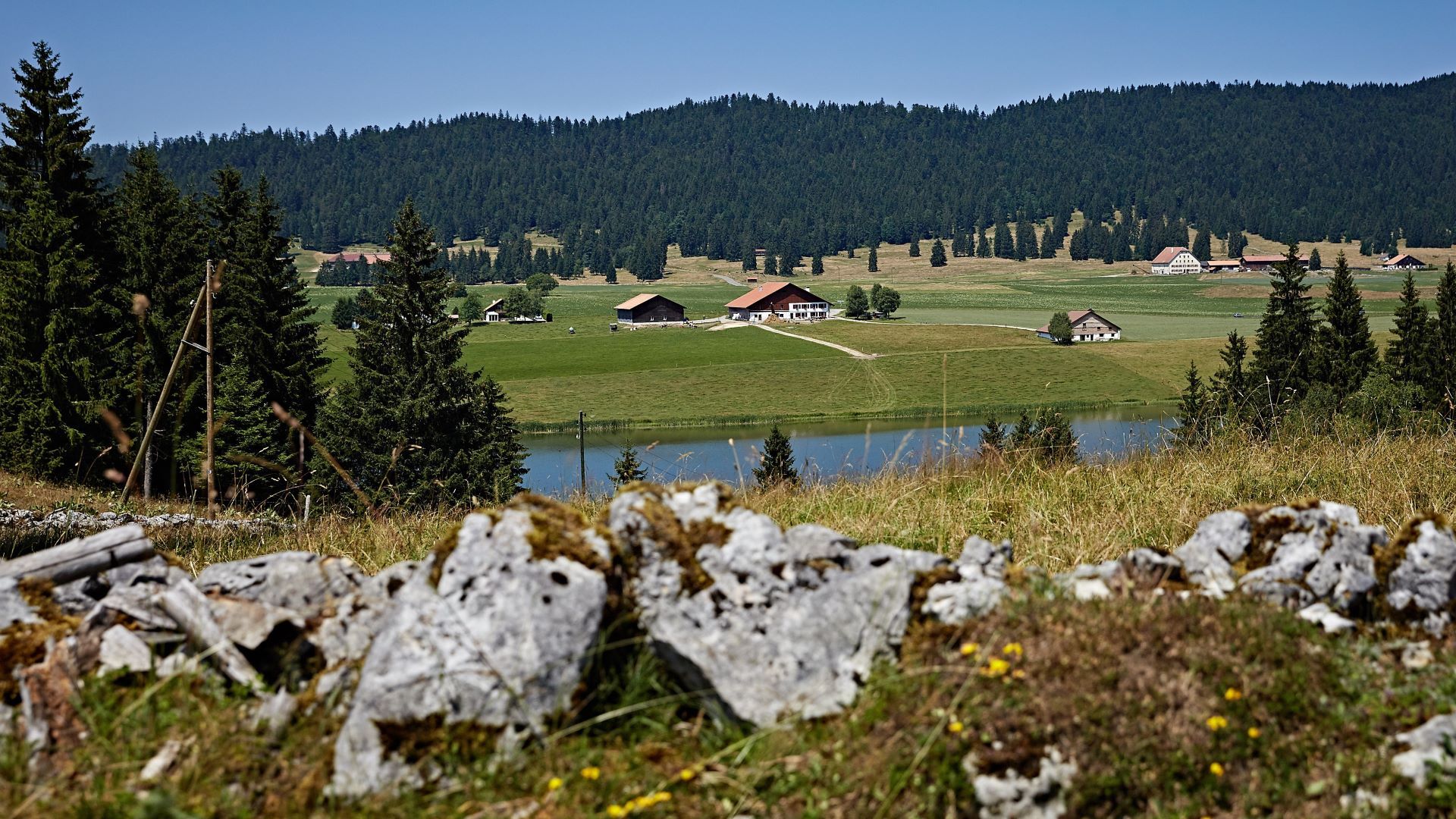 Vista del Lac des Taillères e fattorie tipiche del Giura