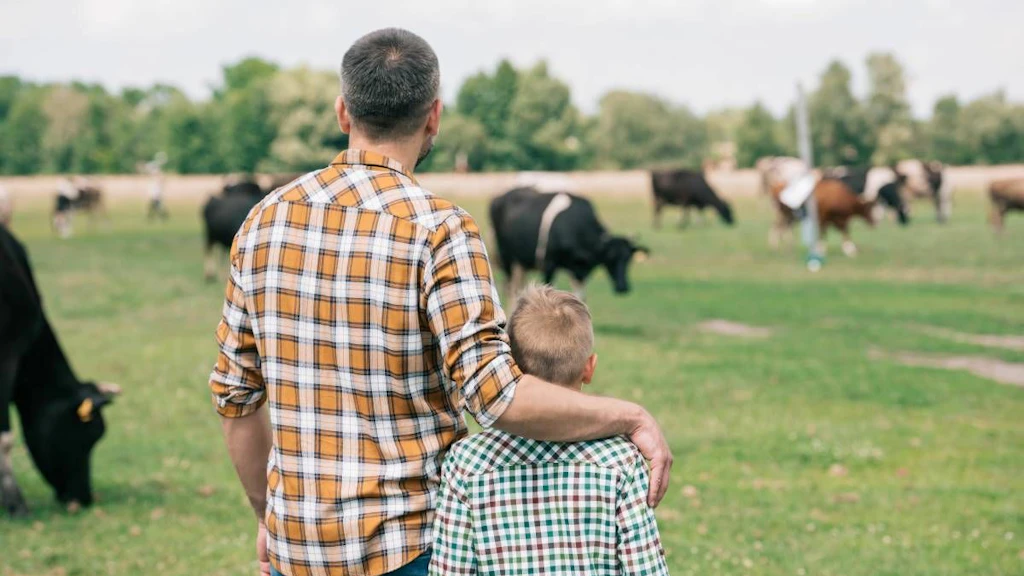 Padre e figlio con un pascolo di mucche sullo sfondo.