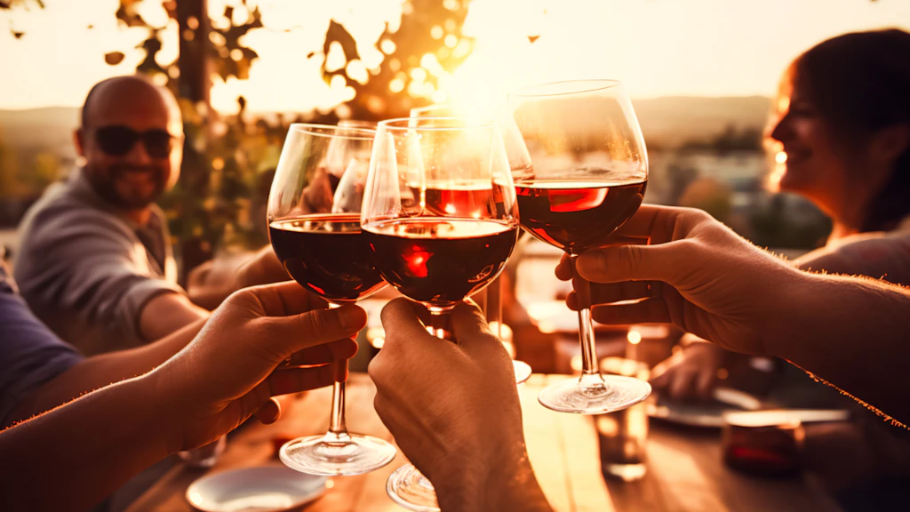 Un gruppo di persone brinda con un bicchiere di vino rosso